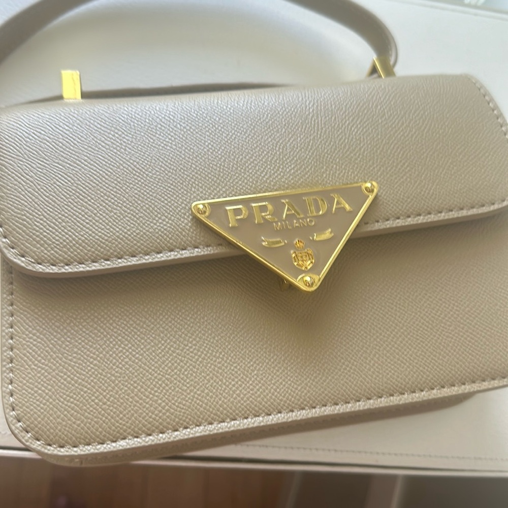Taupe Saffiano Leather Shoulder Bag with Gold Triangle Logo